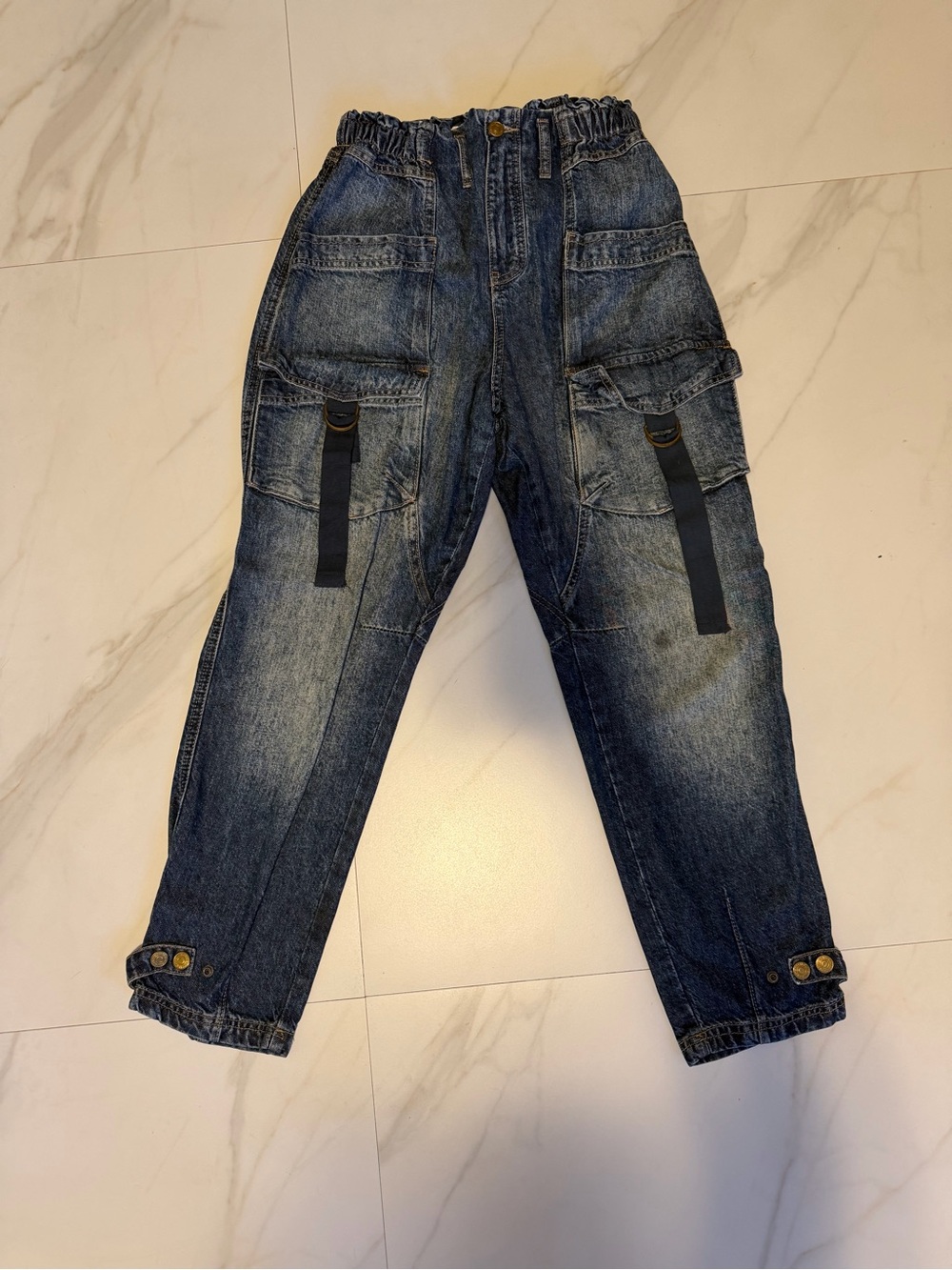 Free People Washed Blue Boyfriend Cargo Jeans